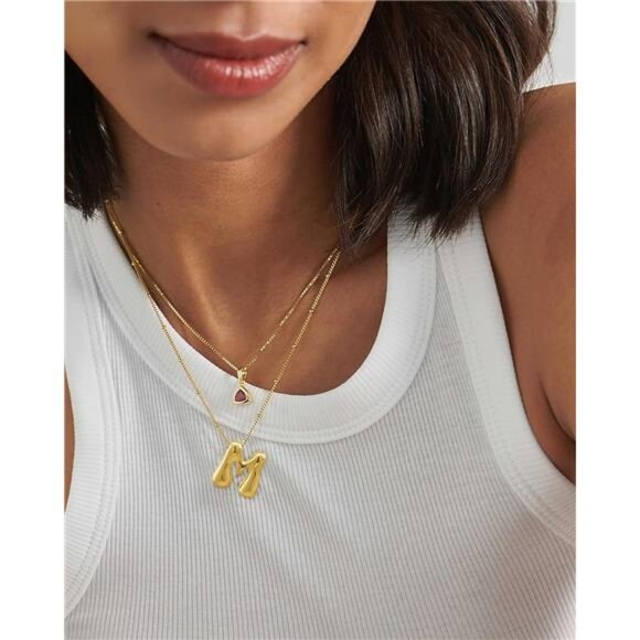 Gold Bubble Letter M Necklace for Women Dainty 14K Gold Plated Balloon Initial M - Picture 2 of 4